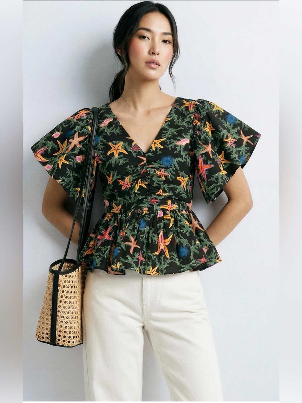 Hofmann Copenhagen~V-Neck Peplum Blouse in Black Starfish Print~Sz 36 (4)~$229~